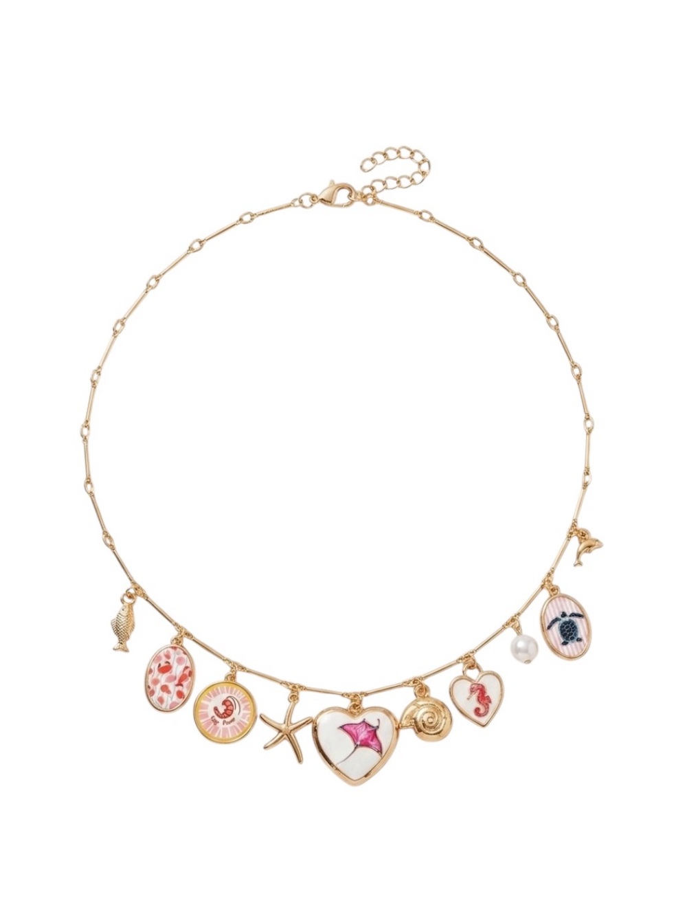 5/$15 🩷 MUST BUNDLE Gold Beach Charm Nautical Necklace with Pink & White Enamel - Picture 2 of 5